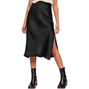 Womens Satin Silk High Waist Slit Midi Skirt - Elegant Versatility in Black